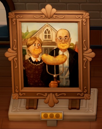 Een Schilderij met daarop links een Dame en rechts een Man, die met de rechterhand een riek vasthoudt. Op de riek is een enorme Cheesy Gubbin gespietst; beide figuren hebben kaas rondom de mond.