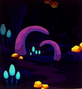 In de duisternis van een grot zijn enkele Golden Truffles en een paar lichtgevende, lichtblauwe paddenstoelen zichtbaar. In het midden van de foto staan twee gekromde, lichtpaarse structuren: hoorns van een Dier?