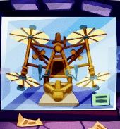Achter een glazen ruit staat een Flying Machine. Paperassen op de vloer duiden aan dat deze plek al lang verlaten werd.