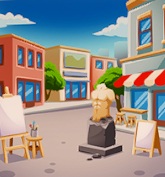 Een bocht in een straat, met huizen aan de overkant. Op de voorgrond staan, van links naar rechts: een schildersezel met doek, een Beeld van een mannentorso, en een reclamebord van een eetzaak.