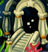 Een stenen trap gaat onder een gewelfboog, en dat alles onder water. Links is een tweede gewelfboog te zien, in een andere hoek gedraaid.