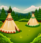 Op een open vlakte in een dennenbos staan twee tipi's, de ene links op de voorgrond, de andere rechts op de achtergrond.