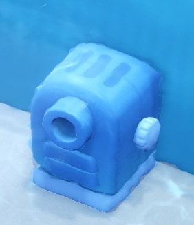 De Water Filter is een blauw toestel, met één lichtblauwe knop aan linker-en rechterkant en een uitstroomopening aan de voorkant.