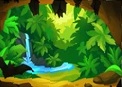 Vanuit een Grot (er hangen Vleermuizen aan het plafond) kijken we uit op een dichtbegroeid Oerwoud, met een Waterval aan de linkerkant. Een Vleermuis fladdert linksonderaan de foto.