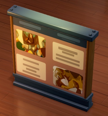 Een breed, staand Infobord met houten zijkanten en metalen onder-en bovenkant. Bovenaan links en onderaan rechts staan afbeeldingen; bovenaan rechts en onderaan links staan teksten.