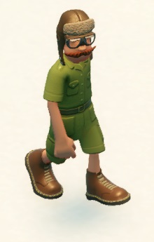 Ontdekkingsreiziger Wiggy Silverbottom draagt een groen hemd, groene shorts, een bril en een bruine, lederen muts met bont.